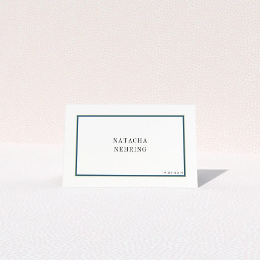 Table Place Card Design - "Blue and Gold Simple" A table place card design named "Blue and Gold Simple". It is an 85 x 55mm card in a landscape orientation. "Blue and Gold Simple" is available as a folded card, with tones of white and yellow.