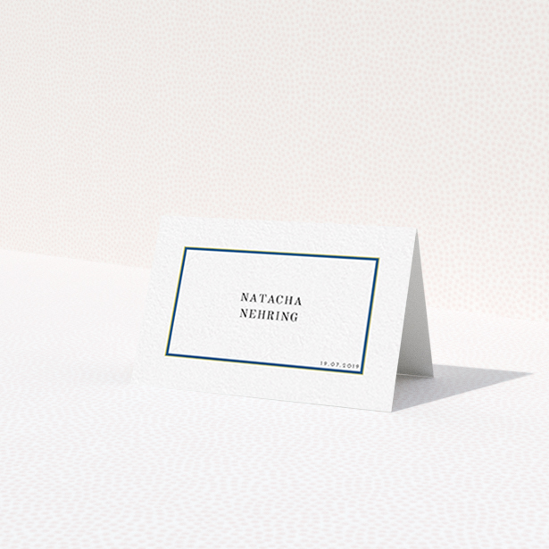 A table place card design named "Blue and Gold Simple". It is an 85 x 55mm card in a landscape orientation. "Blue and Gold Simple" is available as a folded card, with tones of white and yellow.