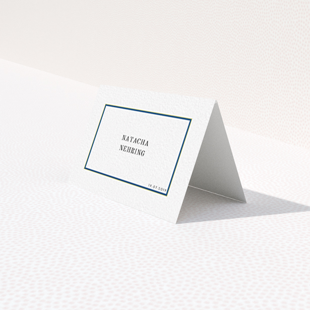 A table place card design named "Blue and Gold Simple". It is an 85 x 55mm card in a landscape orientation. "Blue and Gold Simple" is available as a folded card, with tones of white and yellow.