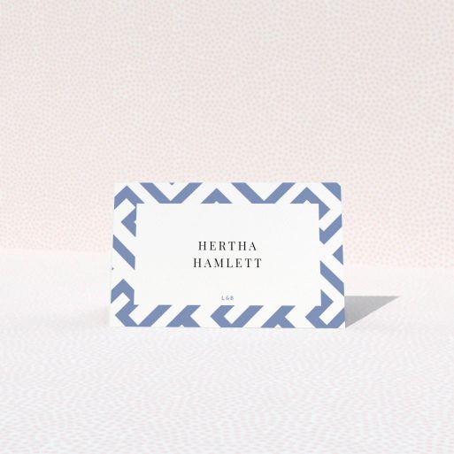 Table Place Card Design - "Blue and white maze" A table place card template titled "Blue and white maze". It is an 85 x 55mm card in a landscape orientation. "Blue and white maze" is available as a folded card, with tones of blue and white.