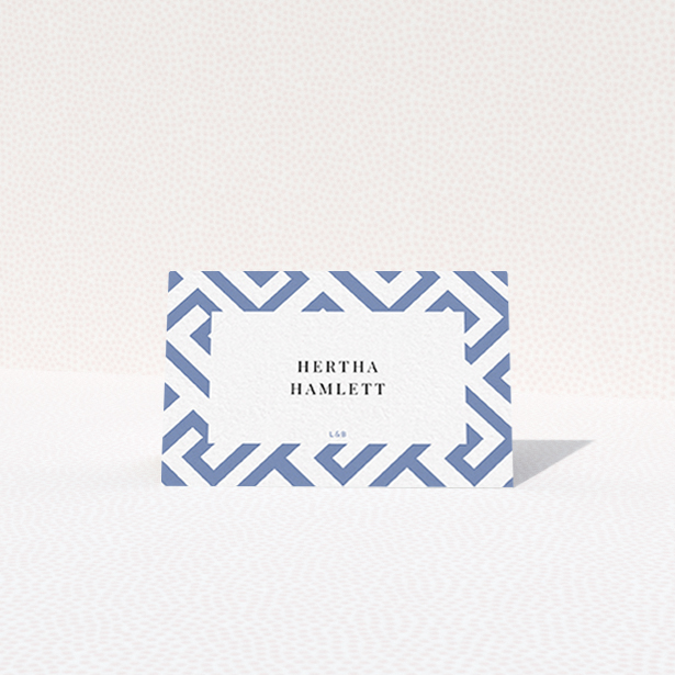 A table place card template titled "Blue and white maze". It is an 85 x 55mm card in a landscape orientation. "Blue and white maze" is available as a folded card, with tones of blue and white.