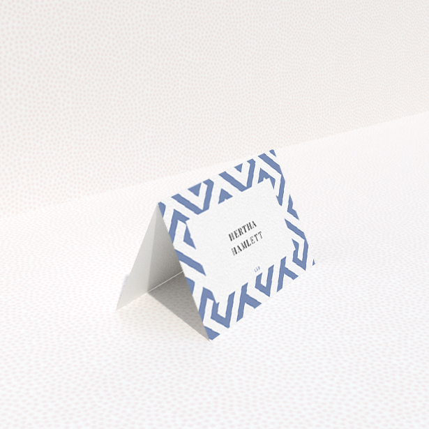 A table place card template titled "Blue and white maze". It is an 85 x 55mm card in a landscape orientation. "Blue and white maze" is available as a folded card, with tones of blue and white.