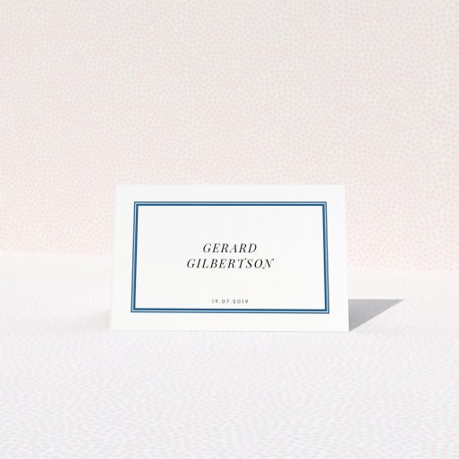 Table Place Card Design - "Blue Intrigue" A table place card design called "Blue Intrigue". It is an 85 x 55mm card in a landscape orientation. "Blue Intrigue" is available as a folded card, with tones of blue and white.