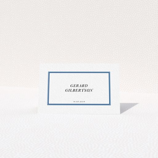 A table place card design called "Blue Intrigue". It is an 85 x 55mm card in a landscape orientation. "Blue Intrigue" is available as a folded card, with tones of blue and white.
