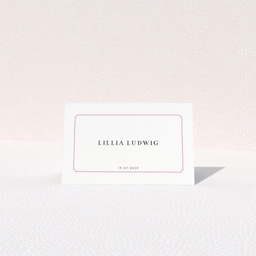 Table Place Card Design - "Bright Pink Simple" A table place card template titled "Bright Pink Simple". It is an 85 x 55mm card in a landscape orientation. "Bright Pink Simple" is available as a folded card, with tones of white and pink.