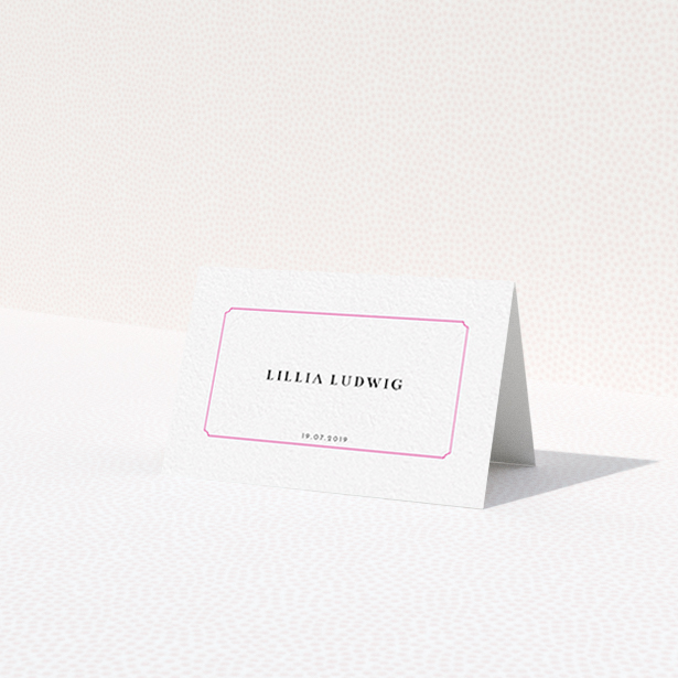 A table place card template titled "Bright Pink Simple". It is an 85 x 55mm card in a landscape orientation. "Bright Pink Simple" is available as a folded card, with tones of white and pink.