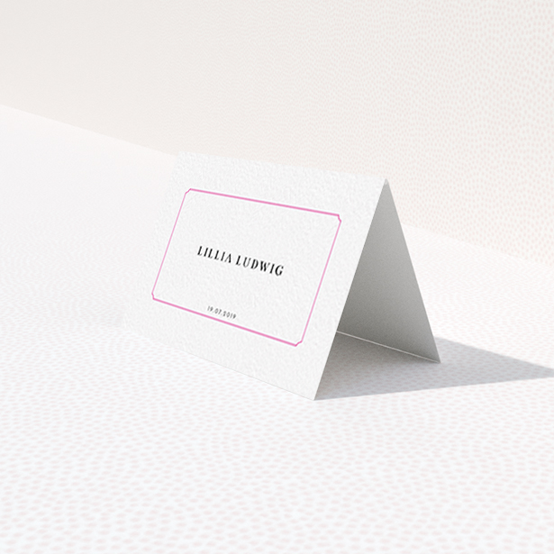 A table place card template titled "Bright Pink Simple". It is an 85 x 55mm card in a landscape orientation. "Bright Pink Simple" is available as a folded card, with tones of white and pink.