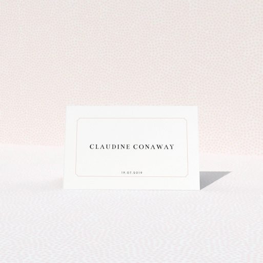 Table Place Card - Classic Face (Pink And White) A table place card design named "Classic face". It is an 85 x 55mm card in a landscape orientation. "Classic face" is available as a folded card, with tones of white and pink.
