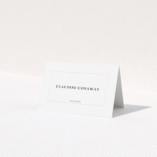 A table place card design named 'Classic face'. It is an 85 x 55mm card in a landscape orientation. 'Classic face' is available as a folded card, with tones of white and pink.