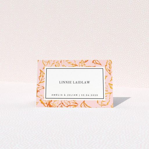 Table Place Card Design - "Falling Foliage" A table place card design called "Falling Foliage". It is an 85 x 55mm card in a landscape orientation. "Falling Foliage" is available as a folded card, with tones of pink and orange.
