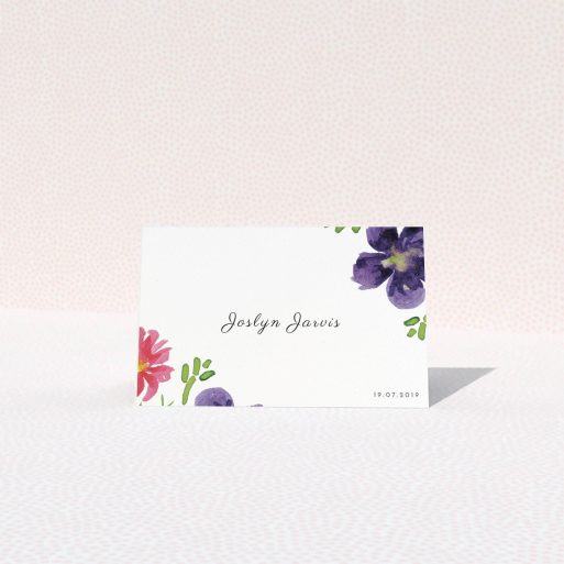 Table Place Card Design - "Flower Encroaching" A table place card design titled "Flower Encroaching". It is an 85 x 55mm card in a landscape orientation. "Flower Encroaching" is available as a folded card, with tones of white and dark purple.