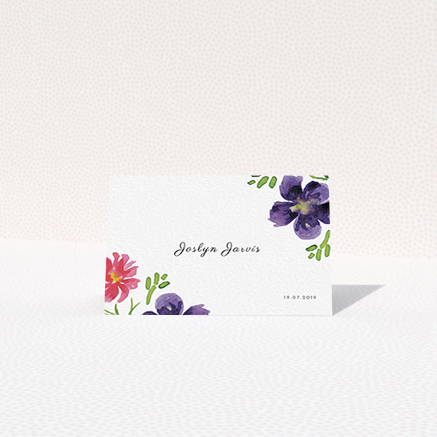A table place card design titled "Flower Encroaching". It is an 85 x 55mm card in a landscape orientation. "Flower Encroaching" is available as a folded card, with tones of white and dark purple.