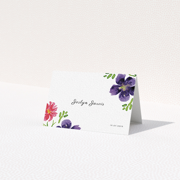 A table place card design titled 'Flower Encroaching'. It is an 85 x 55mm card in a landscape orientation. 'Flower Encroaching' is available as a folded card, with tones of white and dark purple.