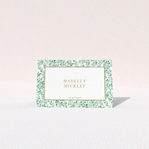 Table Place Card Design - "From the hedge" A table place card design named "From the hedge". It is an 85 x 55mm card in a landscape orientation. "From the hedge" is available as a folded card, with tones of green and white.