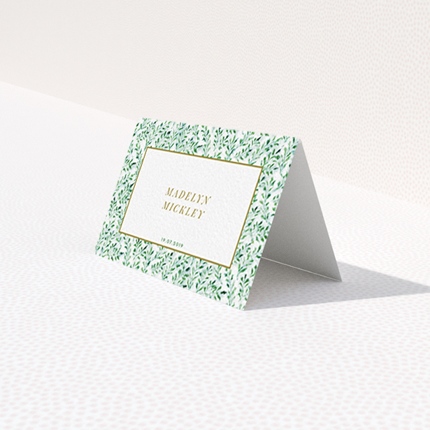 A table place card design named "From the hedge". It is an 85 x 55mm card in a landscape orientation. "From the hedge" is available as a folded card, with tones of green and white.