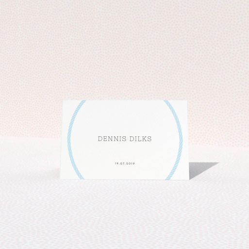 Table Setting Place Card - Full Knot (Light Blue) A table place card named "Full knot". It is an 85 x 55mm card in a landscape orientation. "Full knot" is available as a folded card, with tones of blue and white.