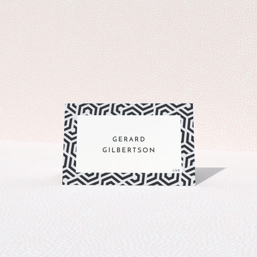 Table Place Card Design - "Geometric corners" A table place card design titled "Geometric corners". It is an 85 x 55mm card in a landscape orientation. "Geometric corners" is available as a folded card, with tones of navy blue and white.