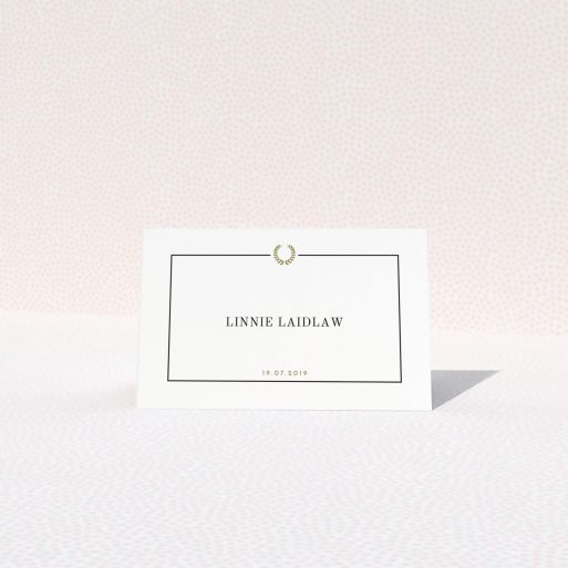 Table Place Card Design - "Greco Border" A table place card design named "Greco Border". It is an 85 x 55mm card in a landscape orientation. "Greco Border" is available as a folded card, with tones of gold and white.