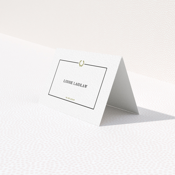 A table place card design named "Greco Border". It is an 85 x 55mm card in a landscape orientation. "Greco Border" is available as a folded card, with tones of gold and white.
