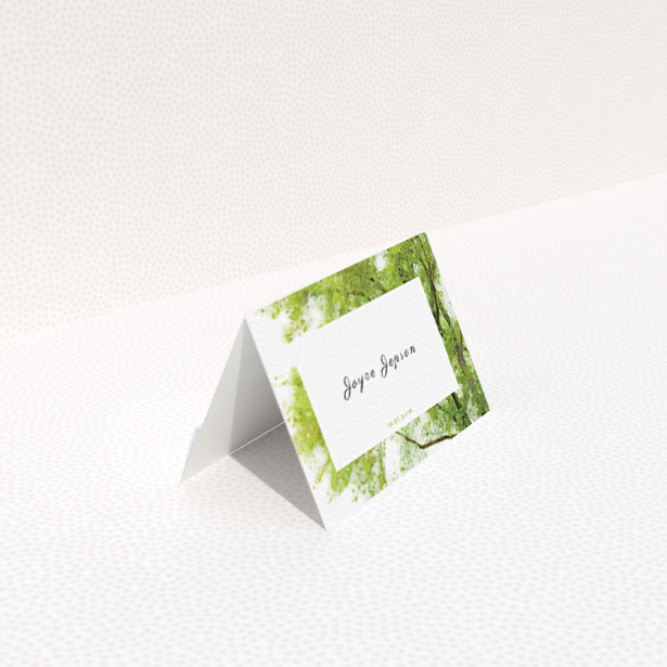 A table place card design called "In the Field". It is an 85 x 55mm card in a landscape orientation. "In the Field" is available as a folded card, with tones of green and white.