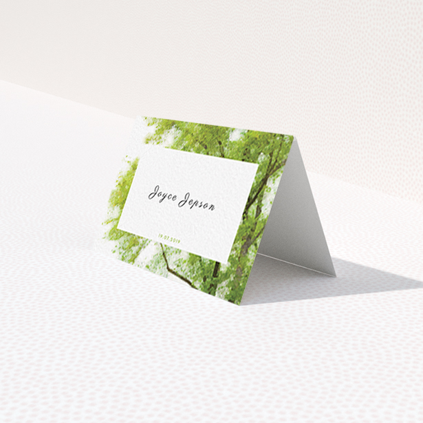 A table place card design called "In the Field". It is an 85 x 55mm card in a landscape orientation. "In the Field" is available as a folded card, with tones of green and white.