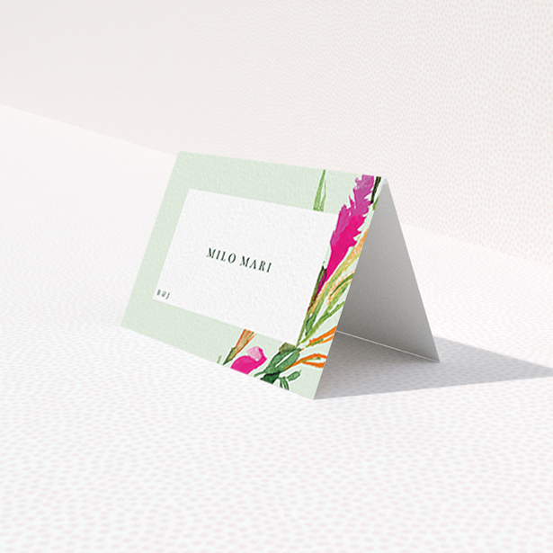 A table place card design named "Jungle collection". It is an 85 x 55mm card in a landscape orientation. "Jungle collection" is available as a folded card, with tones of light green and pink.