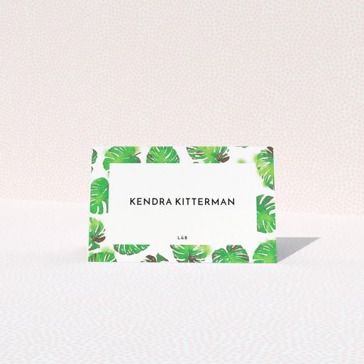 Table Place Card Design - "Jungle Sky" A table place card design named "Jungle Sky". It is an 85 x 55mm card in a landscape orientation. "Jungle Sky" is available as a folded card, with tones of green and white.