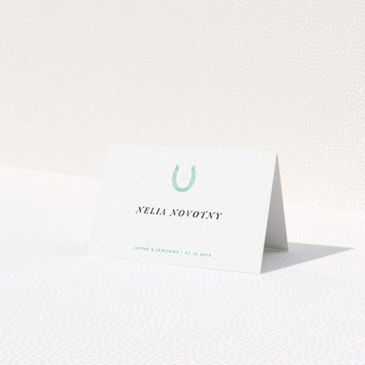 A table place card template titled 'Lucky horse shoe'. It is an 85 x 55mm card in a landscape orientation. 'Lucky horse shoe' is available as a folded card, with tones of white and blue.
