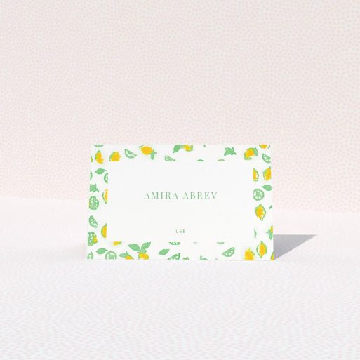 Table Place Card Design - "Madeira" A table place card design titled "Madeira". It is an 85 x 55mm card in a landscape orientation. "Madeira" is available as a folded card, with tones of green and yellow.