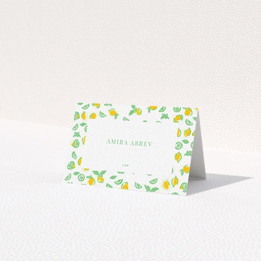 A table place card design titled 'Madeira'. It is an 85 x 55mm card in a landscape orientation. 'Madeira' is available as a folded card, with tones of green and yellow.