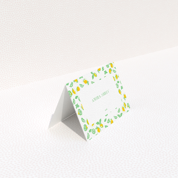 A table place card design titled "Madeira". It is an 85 x 55mm card in a landscape orientation. "Madeira" is available as a folded card, with tones of green and yellow.