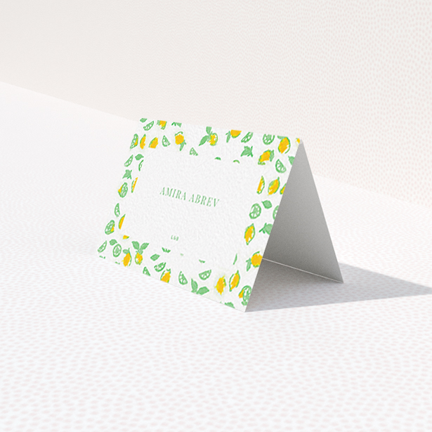 A table place card design titled "Madeira". It is an 85 x 55mm card in a landscape orientation. "Madeira" is available as a folded card, with tones of green and yellow.