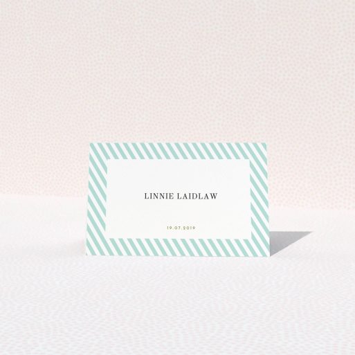 Table Place Card Design - "Mint Diagonals" A table place card called "Mint Diagonals". It is an 85 x 55mm card in a landscape orientation. "Mint Diagonals" is available as a folded card, with tones of green and white.