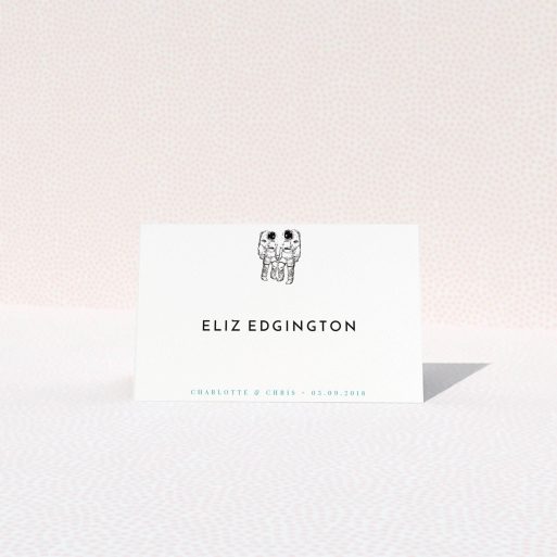 A table place card design named "One small step". It is an 85 x 55mm card in a landscape orientation. "One small step" is available as a folded card, with tones of white and blue.
