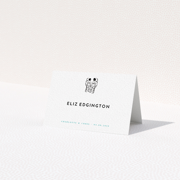 A table place card design named 'One small step'. It is an 85 x 55mm card in a landscape orientation. 'One small step' is available as a folded card, with tones of white and blue.
