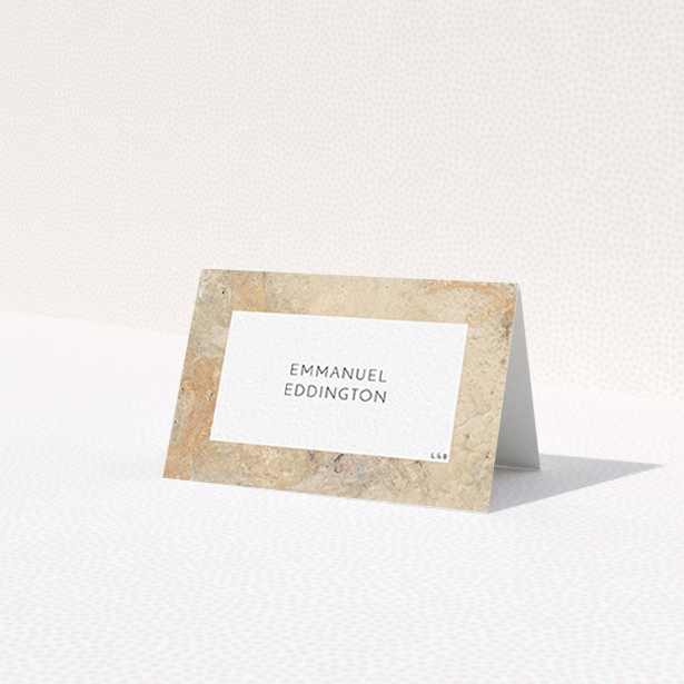 A table place card named 'Peach Marble'. It is an 85 x 55mm card in a landscape orientation. 'Peach Marble' is available as a folded card, with tones of cream and faded orange.