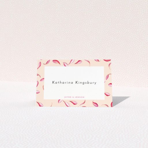 Table Place Card Design - "Petal avalanche" A table place card design named "Petal avalanche". It is an 85 x 55mm card in a landscape orientation. "Petal avalanche" is available as a folded card, with tones of pink, red and white.