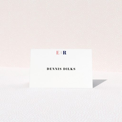 Table Place Card Design - "Pink and Blue" A table place card named "Pink and Blue". It is an 85 x 55mm card in a landscape orientation. "Pink and Blue" is available as a folded card, with tones of white and blue.
