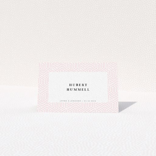 A table place card design titled "Pink Corners Pastel". It is an 85 x 55mm card in a landscape orientation. "Pink Corners Pastel" is available as a folded card, with tones of pink and white.