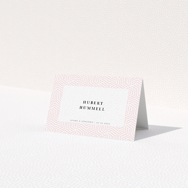 A table place card design titled 'Pink Corners Pastel'. It is an 85 x 55mm card in a landscape orientation. 'Pink Corners Pastel' is available as a folded card, with tones of pink and white.