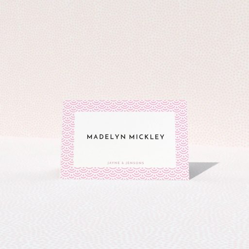 Table Place Card Design - "Pink Fans" A table place card called "Pink Fans". It is an 85 x 55mm card in a landscape orientation. "Pink Fans" is available as a folded card, with tones of pink and white.