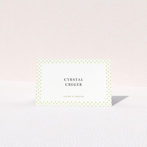 Table Place Card Design - "Polka-dot Splatter" A table place card named "Polka-dot Splatter". It is an 85 x 55mm card in a landscape orientation. "Polka-dot Splatter" is available as a folded card, with tones of gold and white.