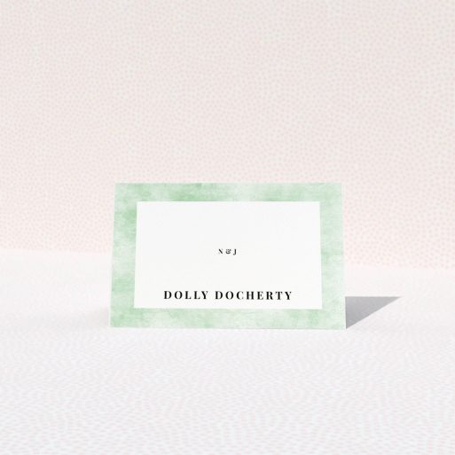 Table Place Card Design - "Rustic Green" A table place card called "Rustic Green". It is an 85 x 55mm card in a landscape orientation. "Rustic Green" is available as a folded card, with tones of green and white.