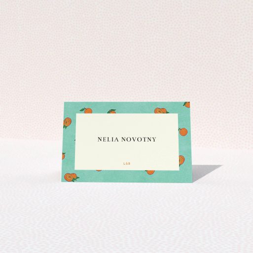 Table Place Card Design - "Seville" A table place card design called "Seville". It is an 85 x 55mm card in a landscape orientation. "Seville" is available as a folded card, with tones of green and orange.