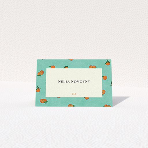 A table place card design called "Seville". It is an 85 x 55mm card in a landscape orientation. "Seville" is available as a folded card, with tones of green and orange.
