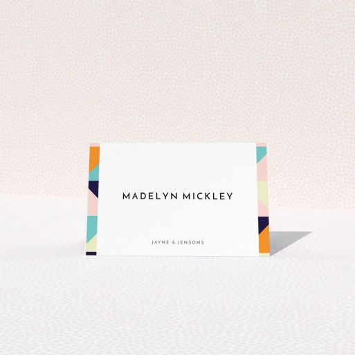 Table Place Card Design - "Sloane Squares" A table place card called "Sloane Squares". It is an 85 x 55mm card in a landscape orientation. "Sloane Squares" is available as a folded card, with mainly orange colouring.