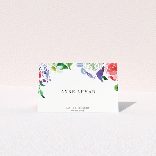 Table Place Card Design - "The flowerbed" A table place card design called "The flowerbed". It is an 85 x 55mm card in a landscape orientation. "The flowerbed" is available as a folded card, with tones of white and green.