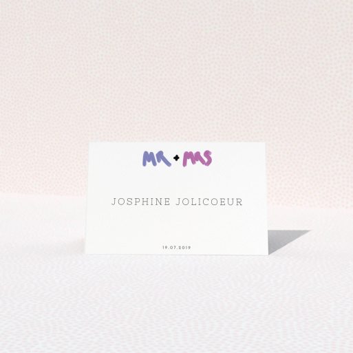Table Place Card Design - "The New Mr and Mrs" A table place card design named "The New Mr and Mrs". It is an 85 x 55mm card in a landscape orientation. "The New Mr and Mrs" is available as a folded card, with tones of white and blue.