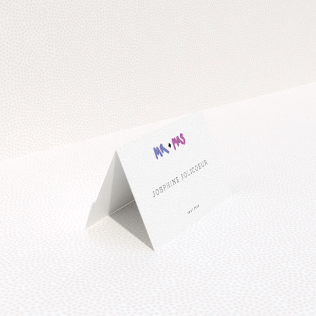 A table place card design named "The New Mr and Mrs". It is an 85 x 55mm card in a landscape orientation. "The New Mr and Mrs" is available as a folded card, with tones of white and blue.