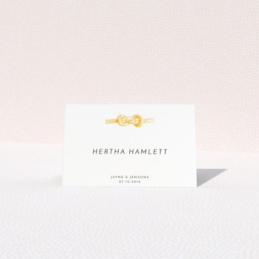 Table Place Card Design - "We Tied the Knot" A table place card design named "We Tied the Knot". It is an 85 x 55mm card in a landscape orientation. "We Tied the Knot" is available as a folded card, with tones of white and orange.